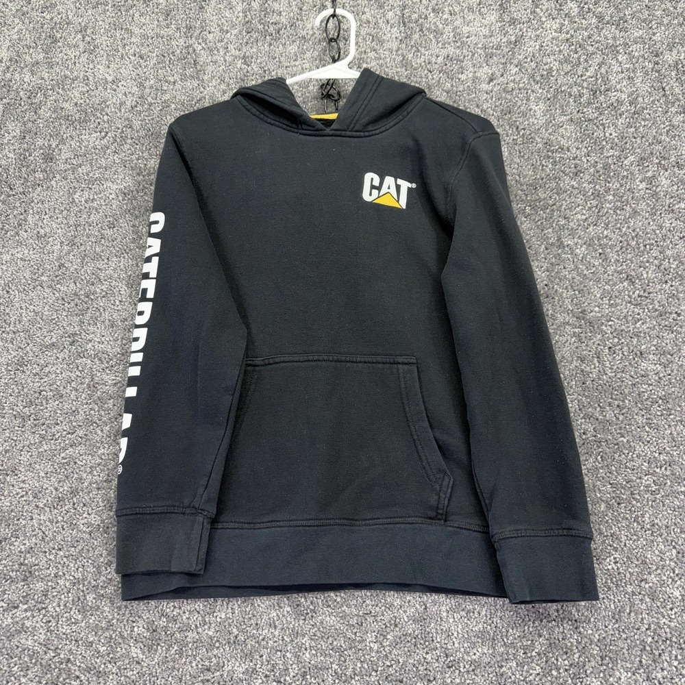 CAT Hoodie Boys 14-16 Black Fleece Pullover Caterpillar Logo Sleeve Graphic